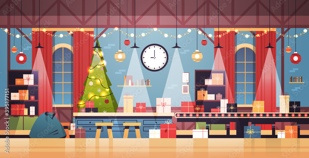 empty no people santa claus christmas factory with gifts on machinery line happy new year winter holidays celebration concept horizontal vector illustration
