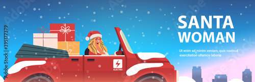girl in santa claus costume delivering gifts on red car merry christmas happy new year holiday celebration concept cityscape background horizontal copy space vector illustration