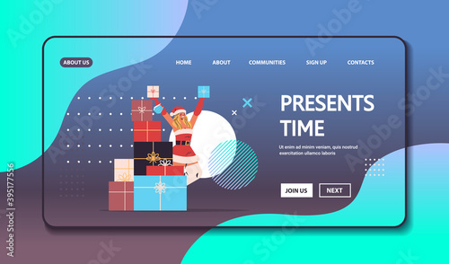 woman in santa claus costume holding gifts happy new year merry christmas holiday celebration concept horizontal copy space full length vector illustration