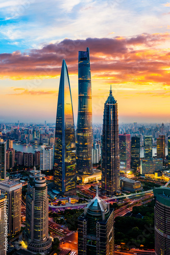 Wall Mural Aerial view of Shanghai skyline and cityscape at sunset,China.