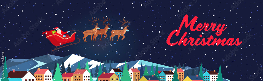 santa flying in sledge with reindeers in night sky over village houses happy new year merry christmas banner winter holidays concept greeting card horizontal vector illustration