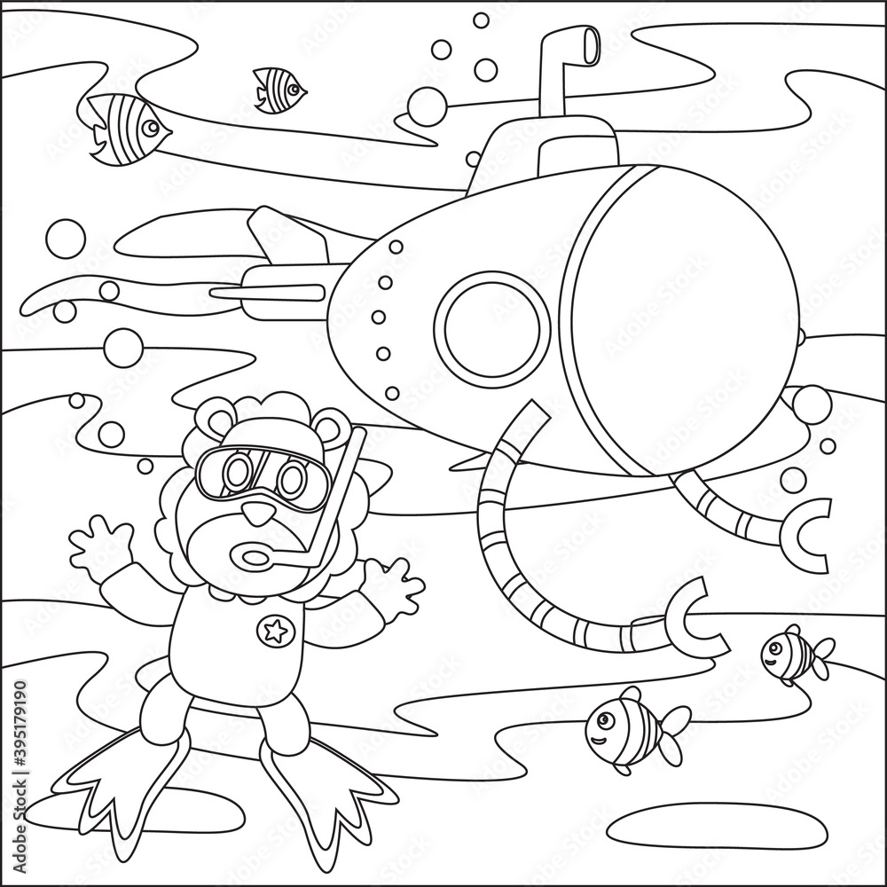 Vector cartoon illustration of little lion and submarine, with cartoon