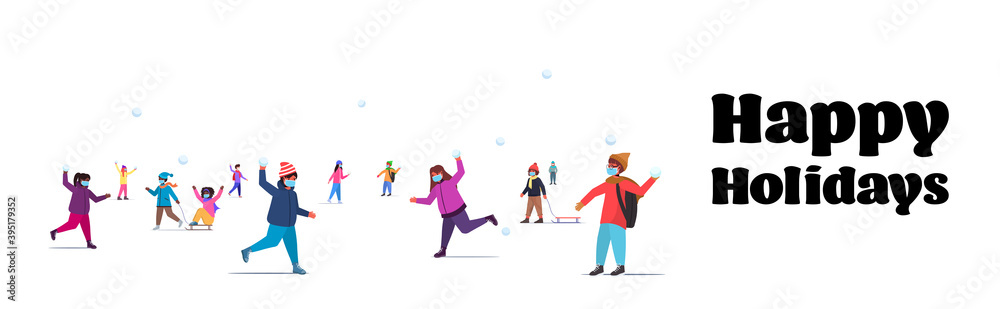 mix race children in masks having winter fun outdoors leisure and activities coronavirus quarantine concept full length horizontal isolated vector illustration mix race children in masks having winter fun outdoors leisure and activities coronavirus quarantine concept full length horizontal isolated vector illustration