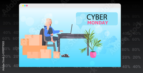 woman using laptop girl buying online cyber monday big sale concept horizontal full length vector illustration