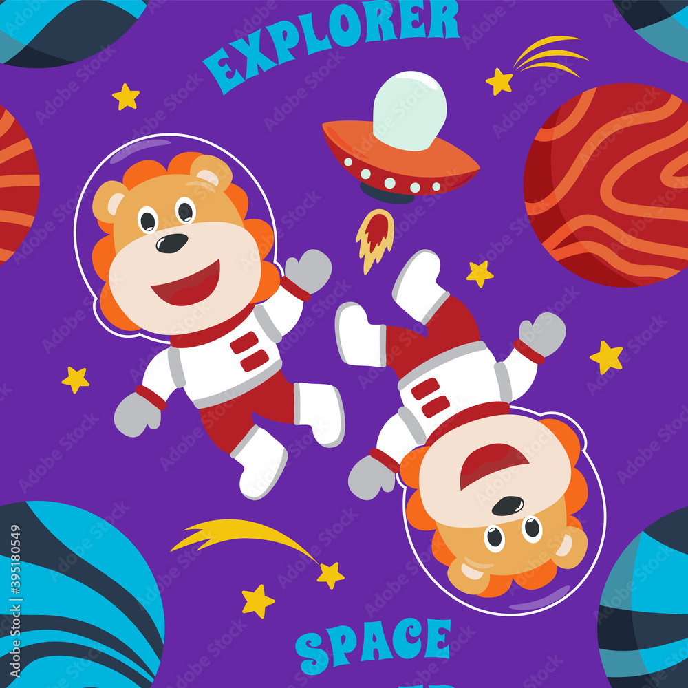 Vector seamless pattern with cute little lion astronaut, rocket and stars Creative vector childish background for fabric, textile, nursery wallpaper, poster, brochure. Vector illustration background. Vector seamless pattern with cute little lion astronaut, rocket and stars Creative vector childish background for fabric, textile, nursery wallpaper, poster, brochure. Vector illustration background.