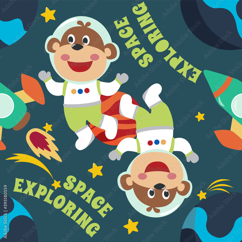 Naklejka premium Vector seamless pattern with cute little monkey astronaut, rocket and stars Creative vector childish background for fabric, textile, nursery wallpaper, poster, brochure Vector illustration background