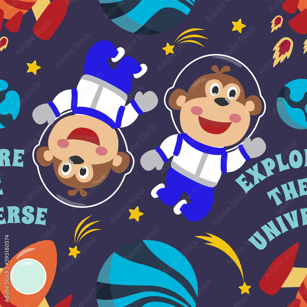 Vector seamless pattern with cute little astronaut, rocket and stars. Creative vector childish background for fabric, textile, nursery wallpaper, poster, brochure. Vector illustration background. Vector seamless pattern with cute little astronaut, rocket and stars. Creative vector childish background for fabric, textile, nursery wallpaper, poster, brochure. Vector illustration background.
