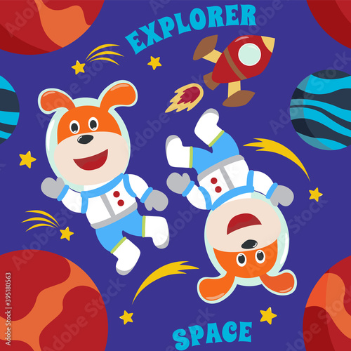 Vector seamless pattern with cute  little astronaut, rocket and stars. Creative vector childish background for fabric, textile, nursery wallpaper, poster, brochure. Vector illustration background. © Hijaznahwani