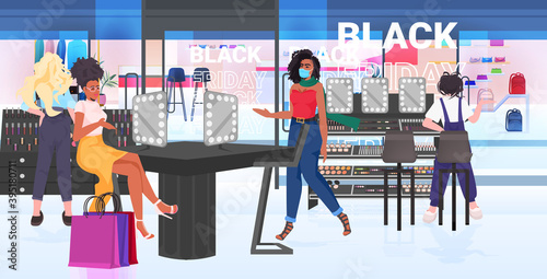 mix race women in masks choosing cosmetics in beauty shop black friday big sale concept horizontal full length vector illustration