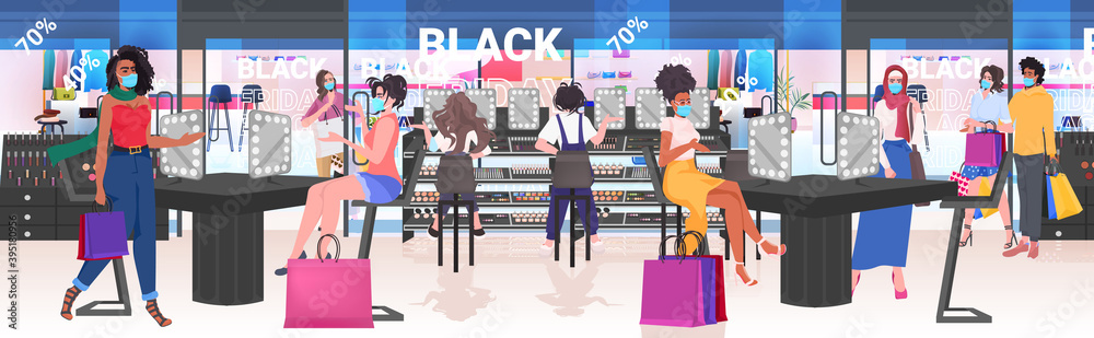 mix race women in masks choosing cosmetics in beauty shop black friday big sale concept horizontal full length vector illustration