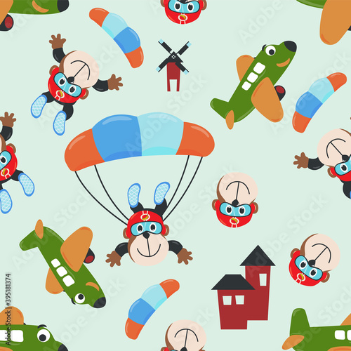 Seamless vector pattern with skydiver monkey, parachute and planes. Design concept for kids textile print, nursery wallpaper, wrapping paper. Cute funny background.