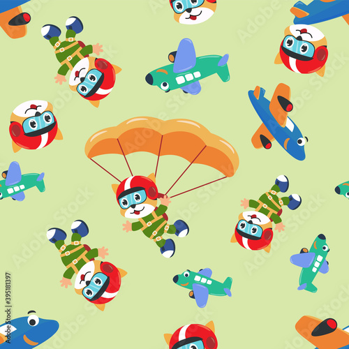 Seamless vector pattern with skydiver monkey, parachute and planes. Design concept for kids textile print, nursery wallpaper, wrapping paper. Cute funny background.