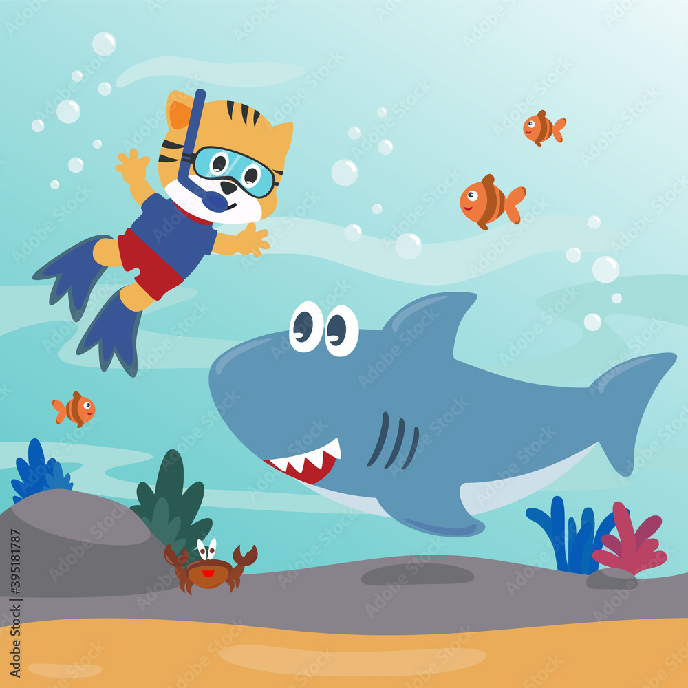 Diving with funny cat and shark with cartoon style. Creative vector childish background for fabric, textile, nursery wallpaper, poster, card, brochure. vector illustration background. Diving with funny cat and shark with cartoon style. Creative vector childish background for fabric, textile, nursery wallpaper, poster, card, brochure. vector illustration background.
