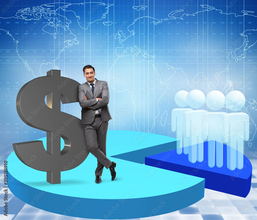 Businessman standing on pie chart in business concept Businessman standing on pie chart in business concept