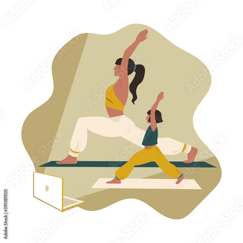 Online yoga with kids. Stay at home concept. Learning, studying process at home.  Family lessons of yoga  in flat cartoon vector illustration isolated on white background.