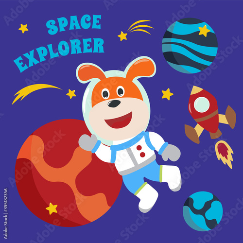 Space bear or astronaut in a space suit with cartoon style. Can be used for t-shirt print, kids wear fashion design, invitation card. fabric, textile, nursery wallpaper, poster and other decoration. © Hijaznahwani