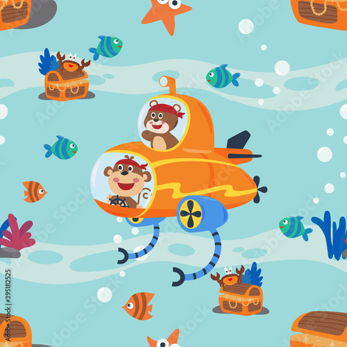 seamless texture with little monkey and bear driving submarine, For fabric textile, nursery, baby clothes, background, textile, wrapping paper and other decoration.