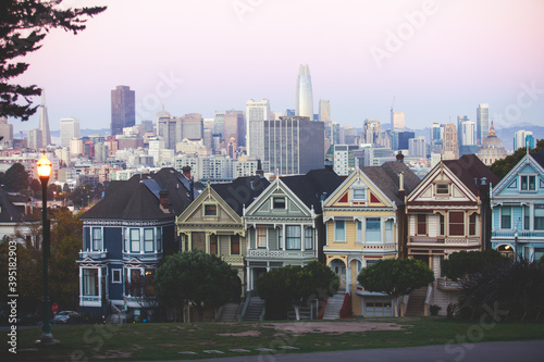View of San Francisco streets, with Alamo square and city skyline, California, United States, summer day