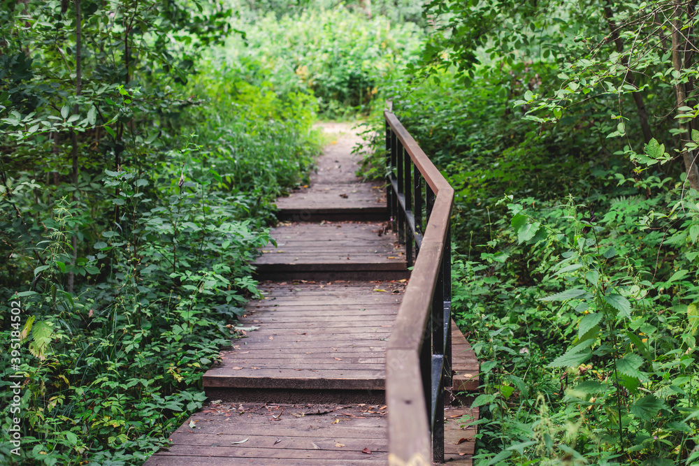 Obraz premium Aerial summer view of West Kotlin state nature reserve, ecological path trail with bird watching tower, Kotlin island, Kronstadt, Saint-Peterburg, Russia