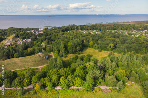 Aerial summer view of West Kotlin state nature reserve  ecological path trail with bird watching tower  Kotlin island  Kronstadt  Saint-Peterburg  Russia