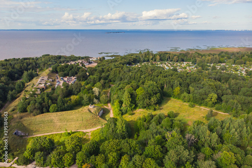 Aerial summer view of West Kotlin state nature reserve  ecological path trail with bird watching tower  Kotlin island  Kronstadt  Saint-Peterburg  Russia