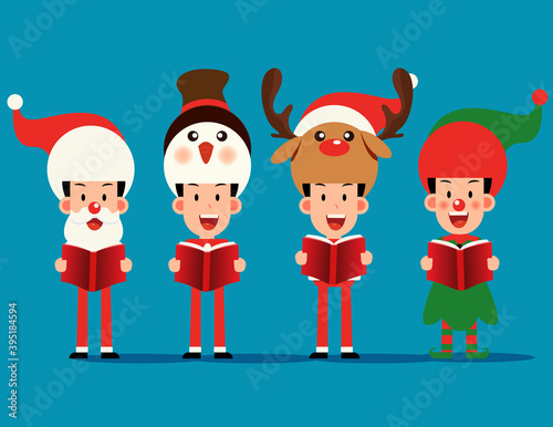 Merry christmas. Character costume with christmas carol and choir