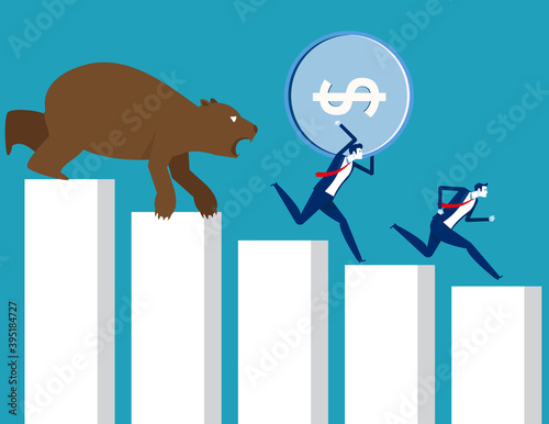 Carrying money run away from bear market. Stock market and exchange