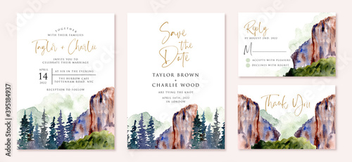 wedding invitation set with canyon landscape watercolor background
