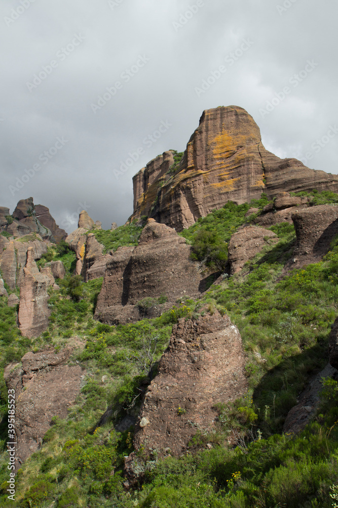 Geology. View of the mountains, green forest and rock formations called Los Terrones, in Cordoba, Argentina.