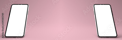 3D rendering. The Smartphone white screen on pink floor, Mobile phone mockup tilted to the ground. Smartphone white screen can be used for commercial advertising, Isolated on pink background.