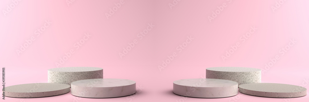 3D rendering of Round marble Pedestal, Podium for display product on the pink floor. Pedestal can be used for commercial advertising, Isolated on pink background, Product Presentation, illustration. 3D rendering of Round marble Pedestal, Podium for display product on the pink floor. Pedestal can be used for commercial advertising, Isolated on pink background, Product Presentation, illustration.