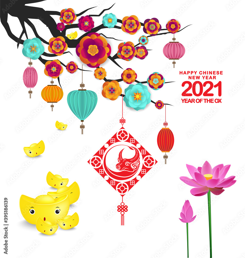 Happy chinese new year 2021 Ox Zodiac sign background with lotus, blooming and gold ingots. Year of the Ox Happy chinese new year 2021 Ox Zodiac sign background with lotus, blooming and gold ingots. Year of the Ox