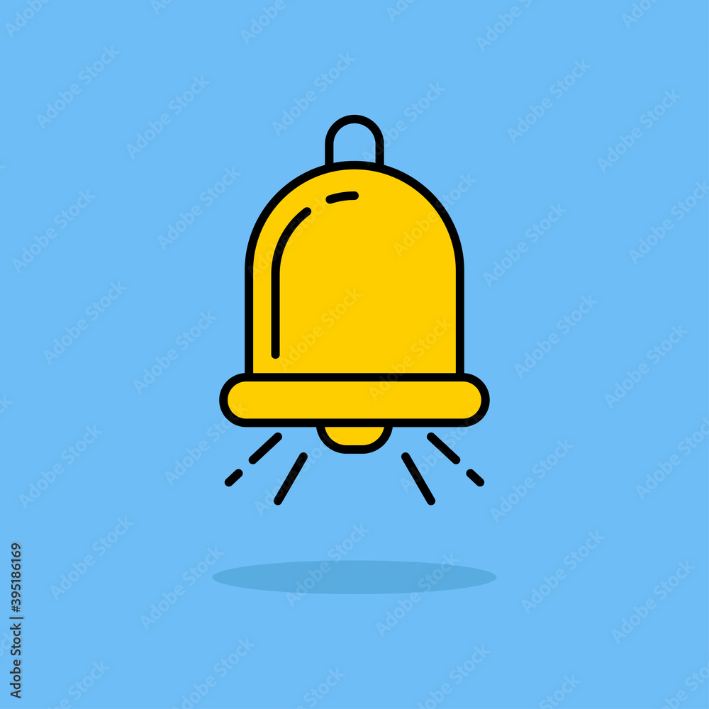 Simple bell vector illustration isolated on blue background. Linear color style of bell icon Simple bell vector illustration isolated on blue background. Linear color style of bell icon