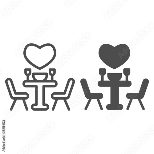 Date at a restaurant line and solid icon, valentine day concept, set table with chairs and heart sign on white background, romantic evening icon in outline style for mobile concept. Vector graphics.