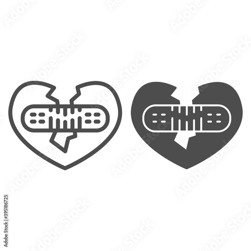 Broken heart fix line and solid icon, valentine day concept, two half heart glued with plaster together sign on white background, recovery relationship icon in outline style. Vector graphics.
