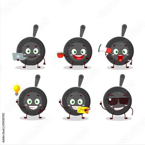 Fototapeta Naklejka Na Ścianę i Meble -  Frying pan cartoon character with various types of business emoticons