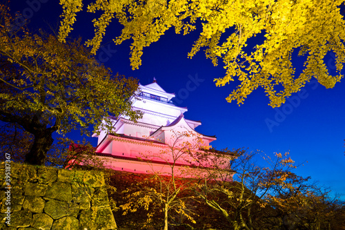 Tsuruga castle with light up in Aizu wakamatsu city, Fukushima, Tohoku, Japan. photo