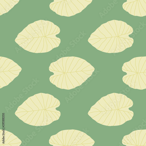 Pastel print with leaves seamless pattern. Outline floral silhouettes in light beige tones on green background.