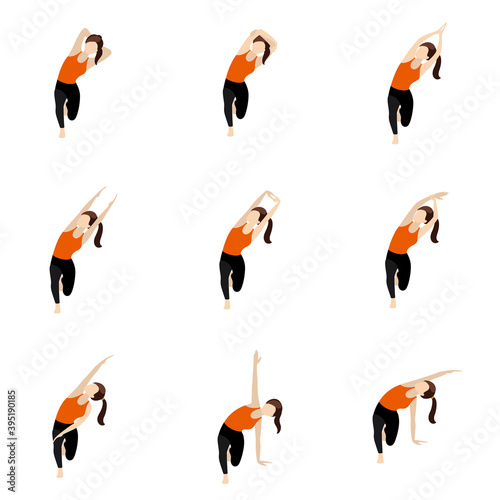 Kneeling side lean yoga asanas set / Illustration stylized woman practicing side stretch, hands variations