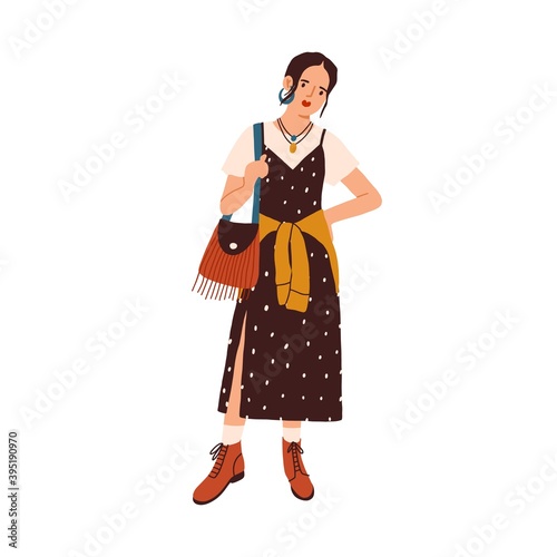 Boho style fashion outfit. Female model in bohemian look. Stylish woman wearing casual fashionable clothes with ethnic motives. Flat vector illustration isolated on white background