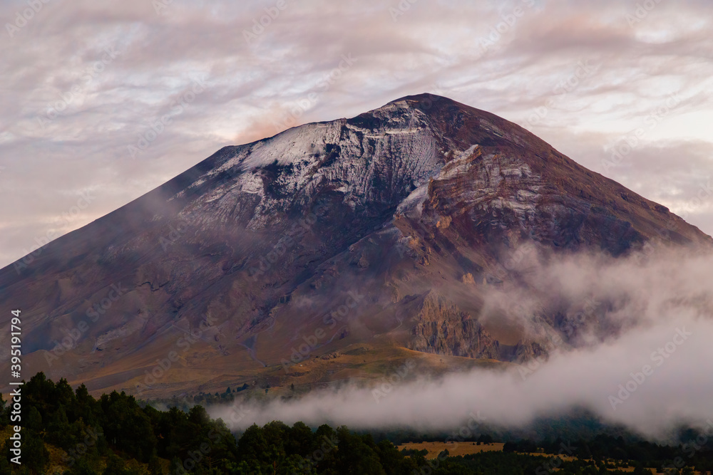 Landscape with the top of the active Popocatepetl volcano, close to its crater, located between Puebla and Mexico City