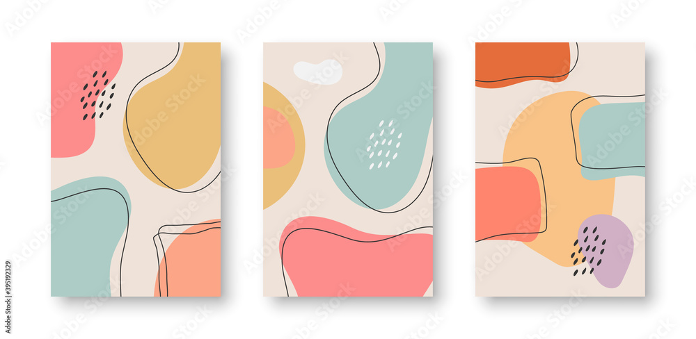 Set of hand drawn abstract backgrounds, posters,  various shapes and doodle objects. Contemporary modern trendy vector illustrations in pastel colors.