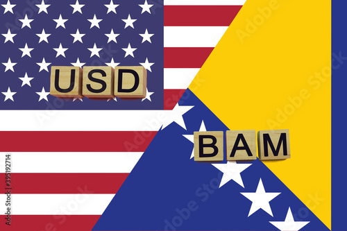 American and Bosnian currencies codes on national flags background