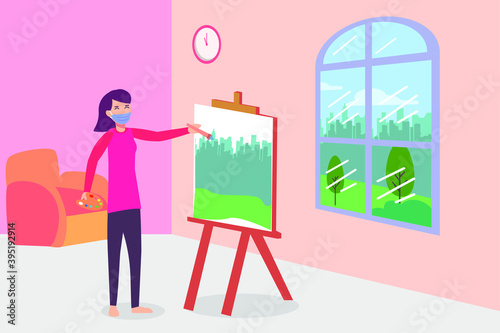 Social distancing vector concept: Young woman painting on canvas at home while wearing face mask