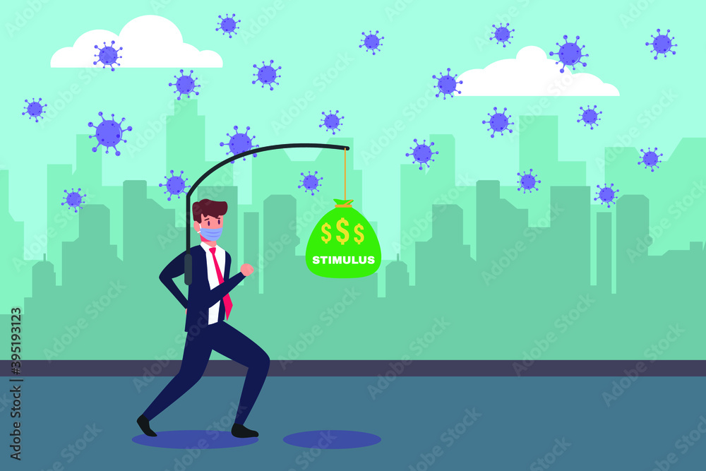 Stimulus vector concept: Businessman wearing face mask and running to chase money bag with stimulus text during coronavirus outbreak Stimulus vector concept: Businessman wearing face mask and running to chase money bag with stimulus text during coronavirus outbreak