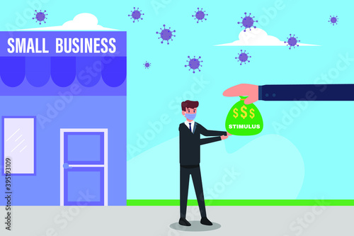 Stimulus vector concept: Businessman wearing face mask and receiving stimulus money bag with small business store background and coronavirus outbreak
