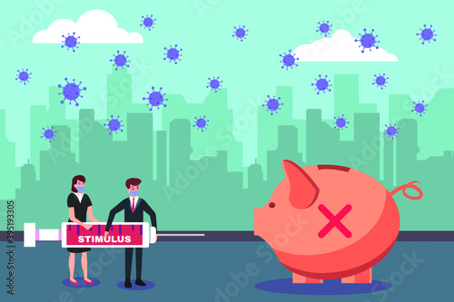 Stimulus vector concept: Business people wearing face mask and injecting piggybank with a stimulus injection to survive during coronavirus outbreak