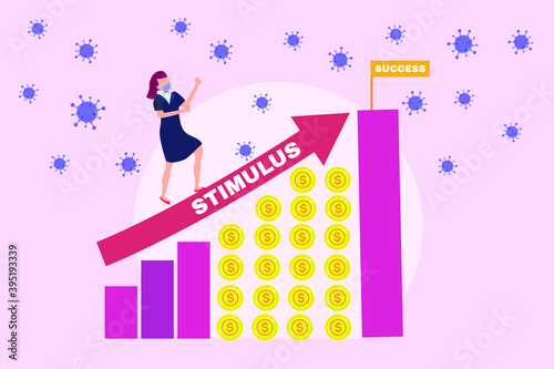 Stimulus vector concept: Businesswoman wearing face mask and climbing upward arrow with stimulus text to reach success flag