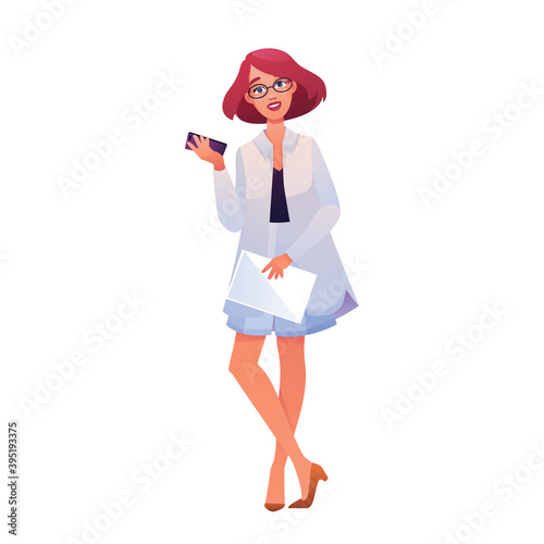Cartoon office character in flat style. Pretty woman in glasses, with smartphone and paper in hands. Vector illustration