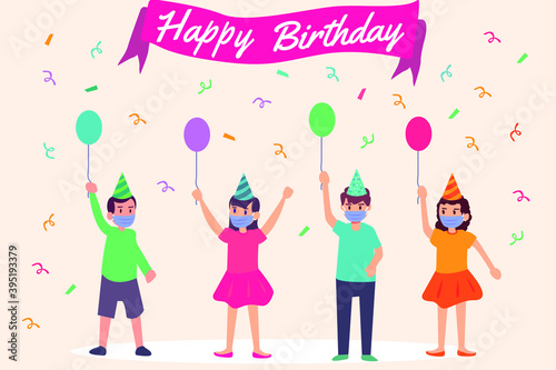 Birthday Vector Concept: Group of children wearing face mask and holding balloon in birthday party